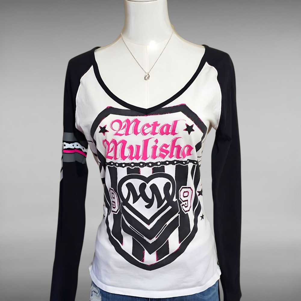 Rare Y2K Metal Mulisha Graphic Raglan Long Sleeve Tee Pink Black Med Cybergrunge
